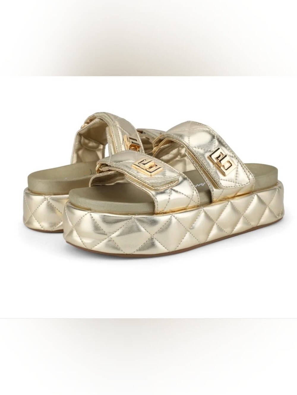 NWT Vintage Havana  Metallic Gold Quilted Platform Slide Sandals 7.5